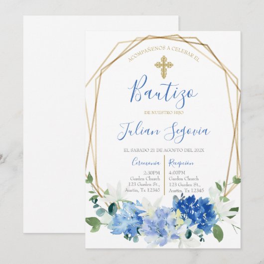 Invitación de bautismo floral azul en español kaart (Voorkant / Achterkant)