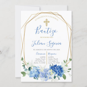 Invitación de bautismo floral azul en español kaart