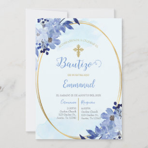 Invitación de bautismo floral azul en español kaart
