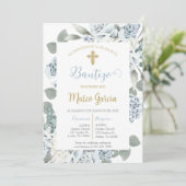 Invitación de bautismo floral azul en español kaart (Staand voorkant)