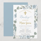 Invitación de bautismo floral azul en español kaart (Voorkant / Achterkant)