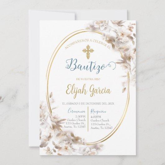 Invitación de bautismo floral blanca en español kaart (Voorkant)