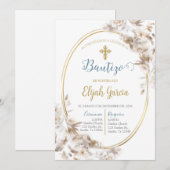 Invitación de bautismo floral blanca en español kaart (Voorkant / Achterkant)