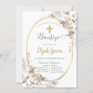 Invitación de bautismo floral blanca en español kaart