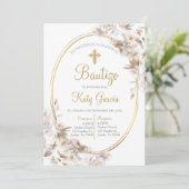 Invitación de bautismo floral blanca en español kaart (Staand voorkant)