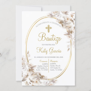 Invitación de bautismo floral blanca en español kaart