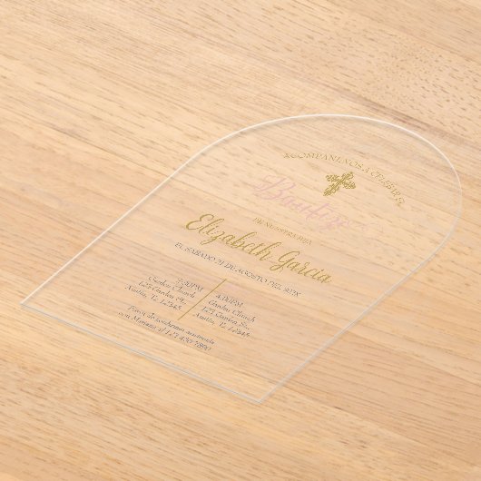 Invitación de bautismo floral rosa en español acryl uitnodigingen (Laagn)