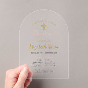 Invitación de bautismo floral rosa en español acryl uitnodigingen