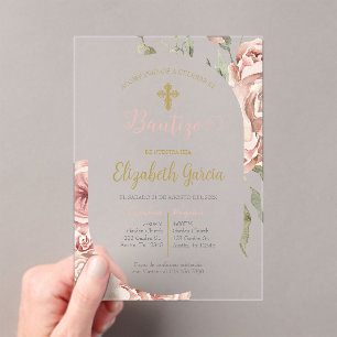 Invitación de bautismo floral rosa en español acryl uitnodigingen