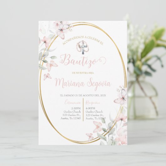 Invitación de bautismo floral rosa en español invi kaart (Staand voorkant)
