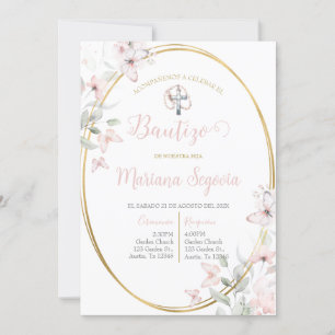 Invitación de bautismo floral rosa en español invi kaart