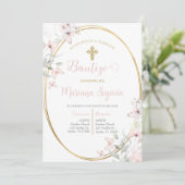 Invitación de bautismo floral rosa en español kaart (Staand voorkant)