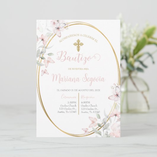 Invitación de bautismo floral rosa en español kaart (Staand voorkant)