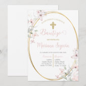 Invitación de bautismo floral rosa en español kaart (Voorkant / Achterkant)