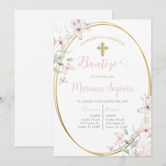 Invitación de bautismo floral rosa en español kaart (Voorkant / Achterkant)