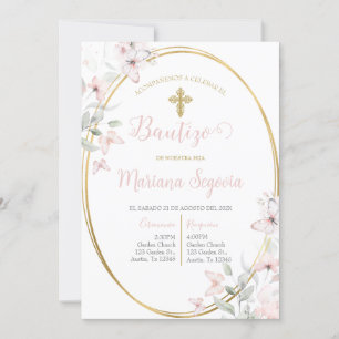 Invitación de bautismo floral rosa en español kaart