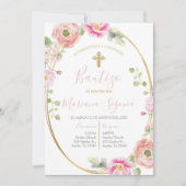 Invitación de bautismo floral rosa en español kaart (Voorkant)