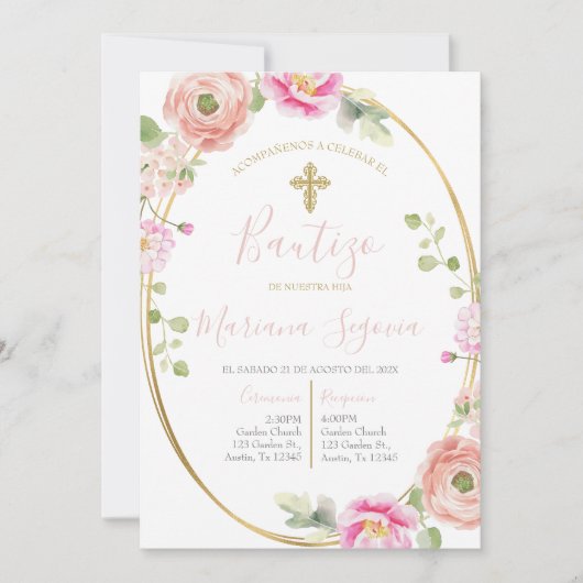 Invitación de bautismo floral rosa en español kaart (Voorkant)