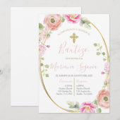 Invitación de bautismo floral rosa en español kaart (Voorkant / Achterkant)