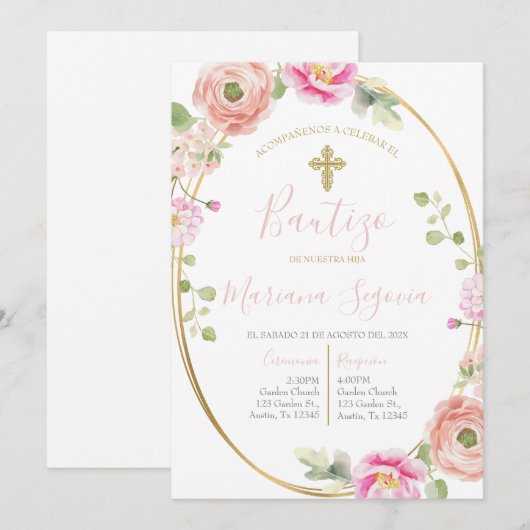Invitación de bautismo floral rosa en español kaart (Voorkant / Achterkant)