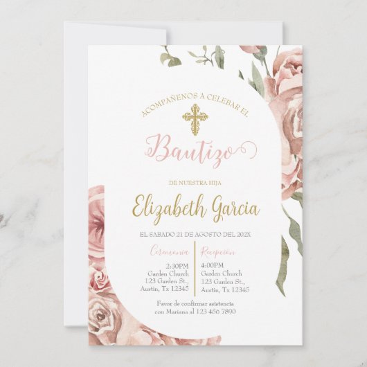 Invitación de bautismo floral rosa en español kaart (Voorkant)