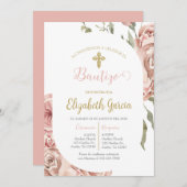 Invitación de bautismo floral rosa en español kaart (Voorkant / Achterkant)