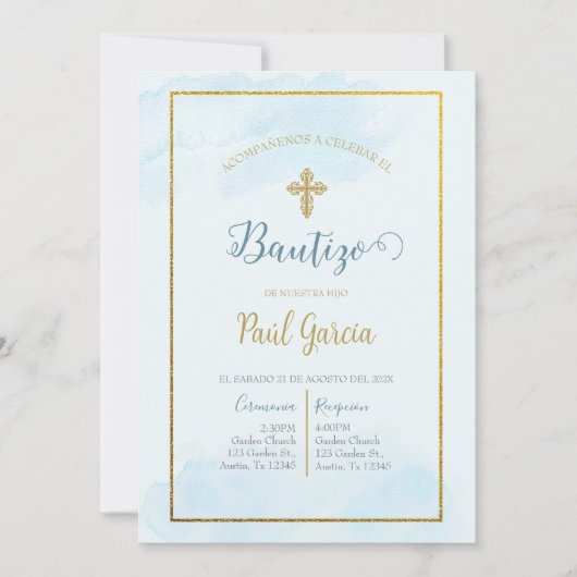 Invitación de bautismo kleur azul en español kaart (Voorkant)
