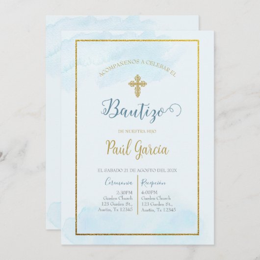 Invitación de bautismo kleur azul en español kaart (Voorkant / Achterkant)