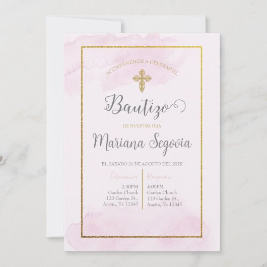 Invitación de bautismo kleur rosa en español kaart (Voorkant)