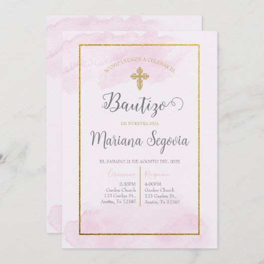 Invitación de bautismo kleur rosa en español kaart (Voorkant / Achterkant)