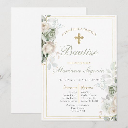 Invitación de bautismo sage en español kaart (Voorkant / Achterkant)