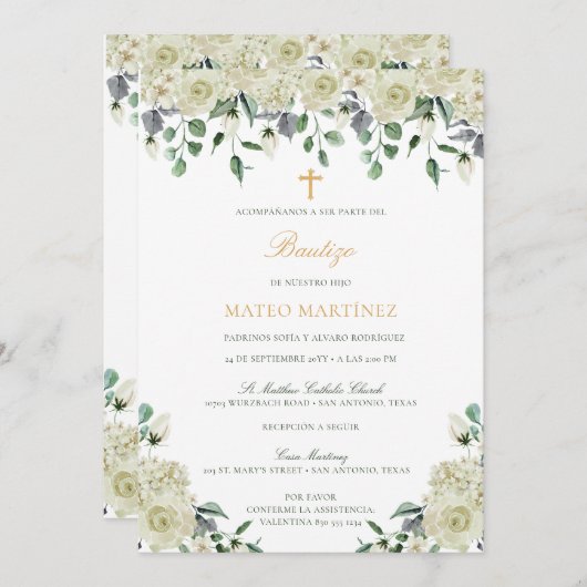 Invitación de Bautizo con Flores Baptism Kaart (Voorkant / Achterkant)