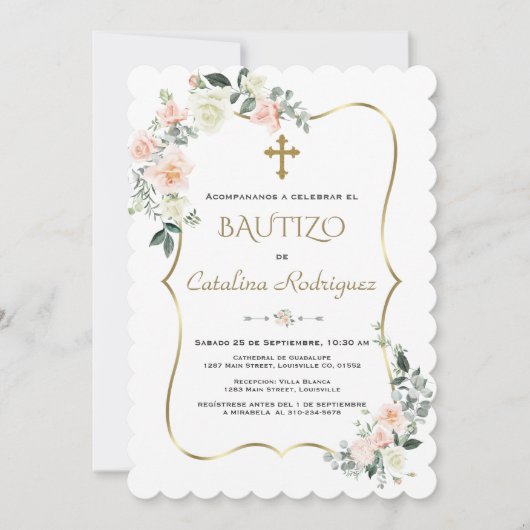 Invitacion De Bautizo Con Flores Gold Baptisme Kaart (Voorkant)