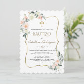 Invitacion De Bautizo Con Flores Gold Baptisme Kaart (Staand voorkant)