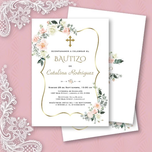 Invitacion De Bautizo Con Flores Gold Baptisme Kaart