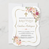 Invitacion De Bautizo Con Flores Gold Girl Baptism Kaart (Voorkant)