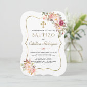 Invitacion De Bautizo Con Flores Gold Girl Baptism Kaart (Staand voorkant)