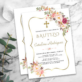Invitacion De Bautizo Con Flores Gold Girl Baptism Kaart