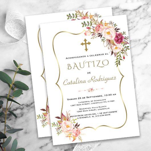 Invitacion De Bautizo Con Flores Gold Girl Baptism Kaart