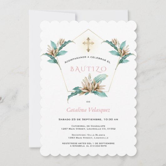 Invitacion De Bautizo Con Flores Gold ivory Lily Kaart (Voorkant)
