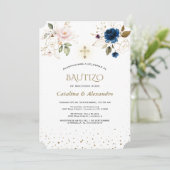 Invitacion De Bautizo Con Flores Twins Baptisme Kaart (Staand voorkant)
