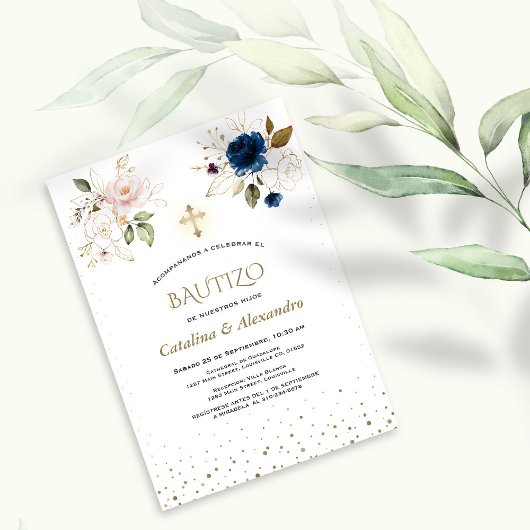 Invitacion De Bautizo Con Flores Twins Baptisme Kaart
