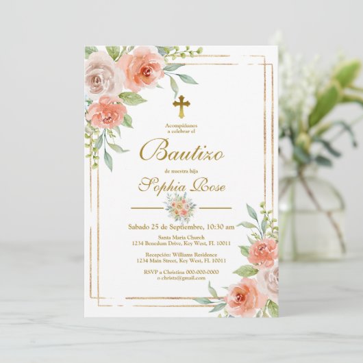Invitación de Bautizo con Rosas de Jardín Kaart (Staand voorkant)