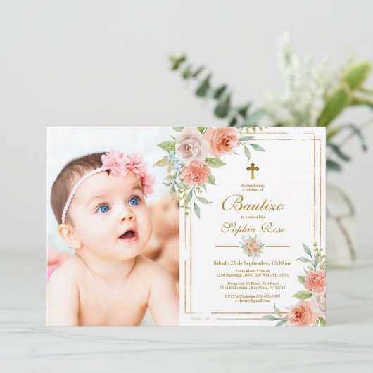 Invitación de Bautizo con Rosas de Jardín Kaart (Staand voorkant)