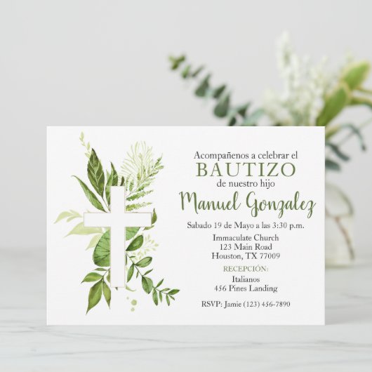 Invitación de Bautizo de Niño Verde con Cruz Kaart (Staand voorkant)