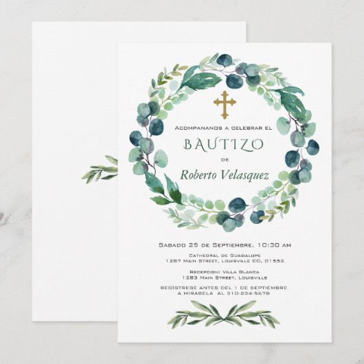 Invitacion de Bautizo Eucalyptus Spain Invite Kaart (Voorkant / Achterkant)