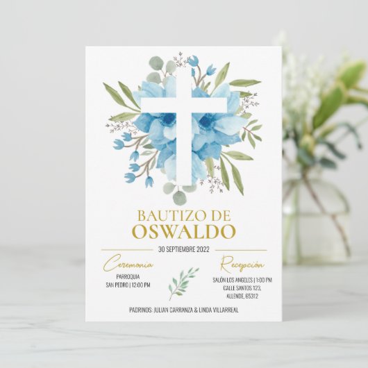 Invitación de bautizo flores azul y verde kaart (Staand voorkant)