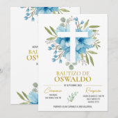 Invitación de bautizo flores azul y verde kaart (Voorkant / Achterkant)