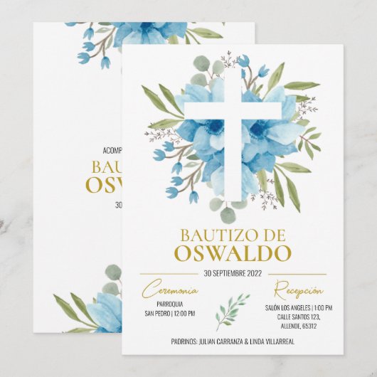 Invitación de bautizo flores azul y verde kaart (Voorkant / Achterkant)