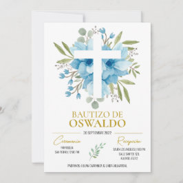Invitación de bautizo flores azul y verde kaart
